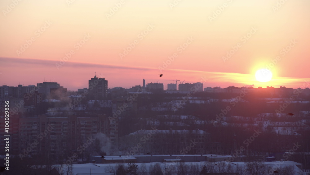 Beautiful view of cityscape and birds fly at dawn Beautiful view of cityscape and birds fly at dawn