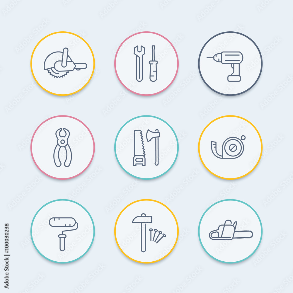 construction tools thin line icons, wrench, drill, saw icon, vector illustration construction tools thin line icons, wrench, drill, saw icon, vector illustration
