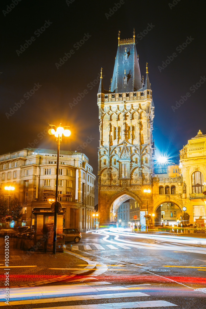 Night Traffic near Powder Tower or Powder Gate in Prague, Czech 