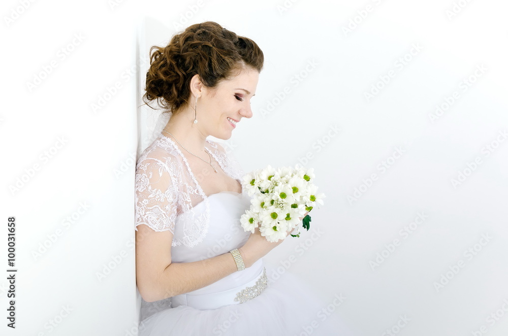 Portrait of beautiful bride. Wedding dress. Wedding decoration, on white background
