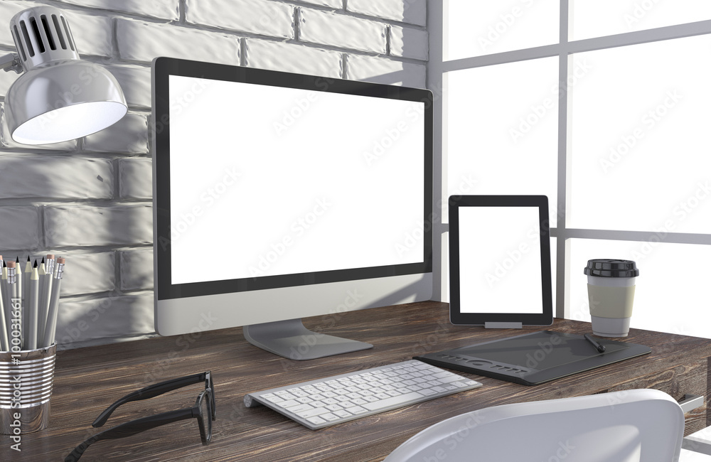 3D illustration PC screen on table in office, Workspace 3D illustration PC screen on table in office, Workspace
