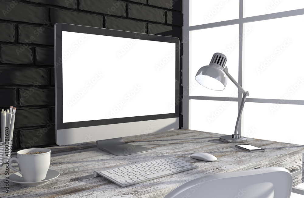 Fototapeta premium 3D illustration PC screen on table in office, Workspace