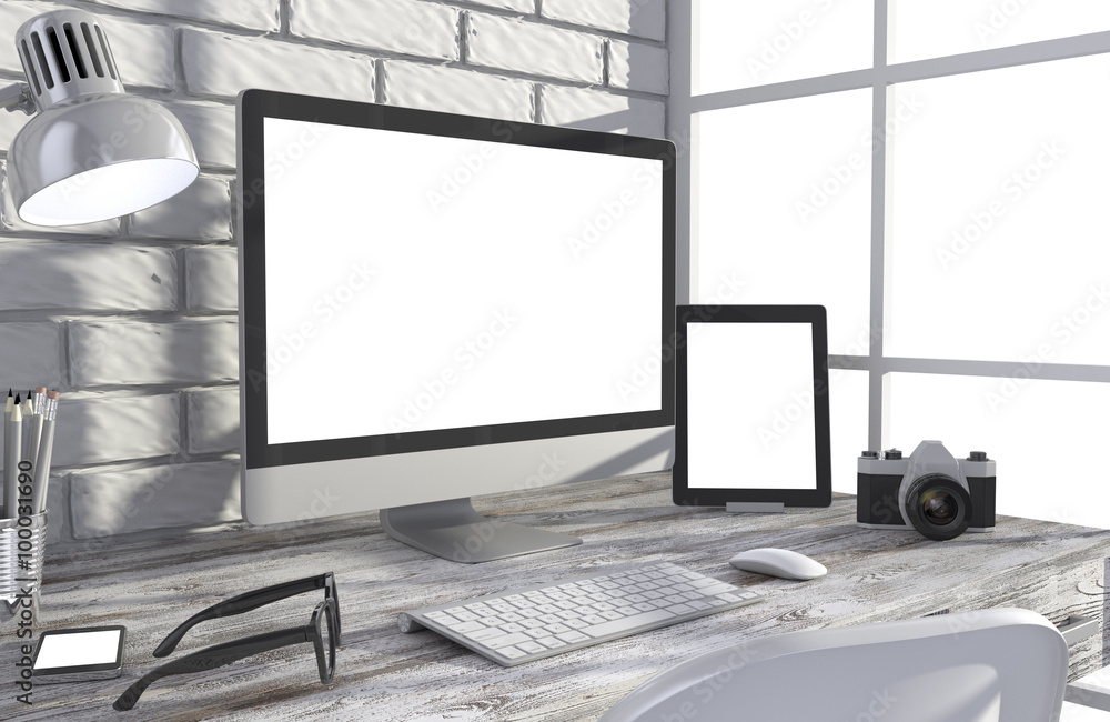 Fototapeta premium 3D illustration PC screen on table in office, Workspace