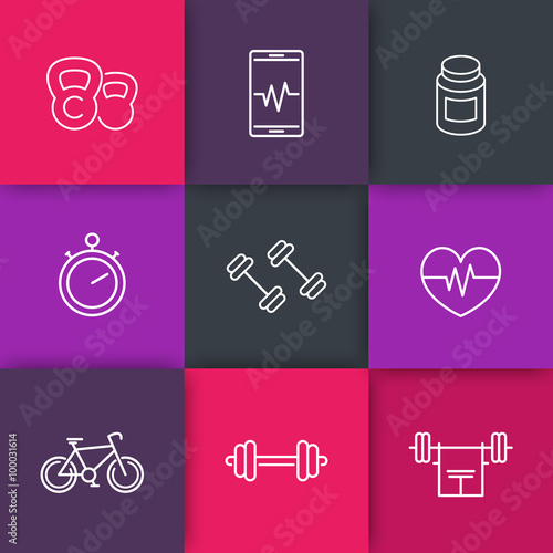 line fitness, gym icons set, vector illustration, eps10, easy to edit