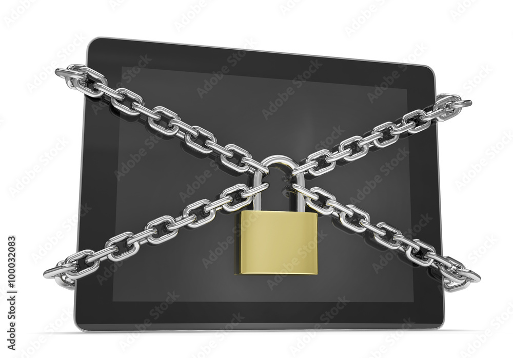 tablet PC with chains and lock isolated on white background tablet PC with chains and lock isolated on white background