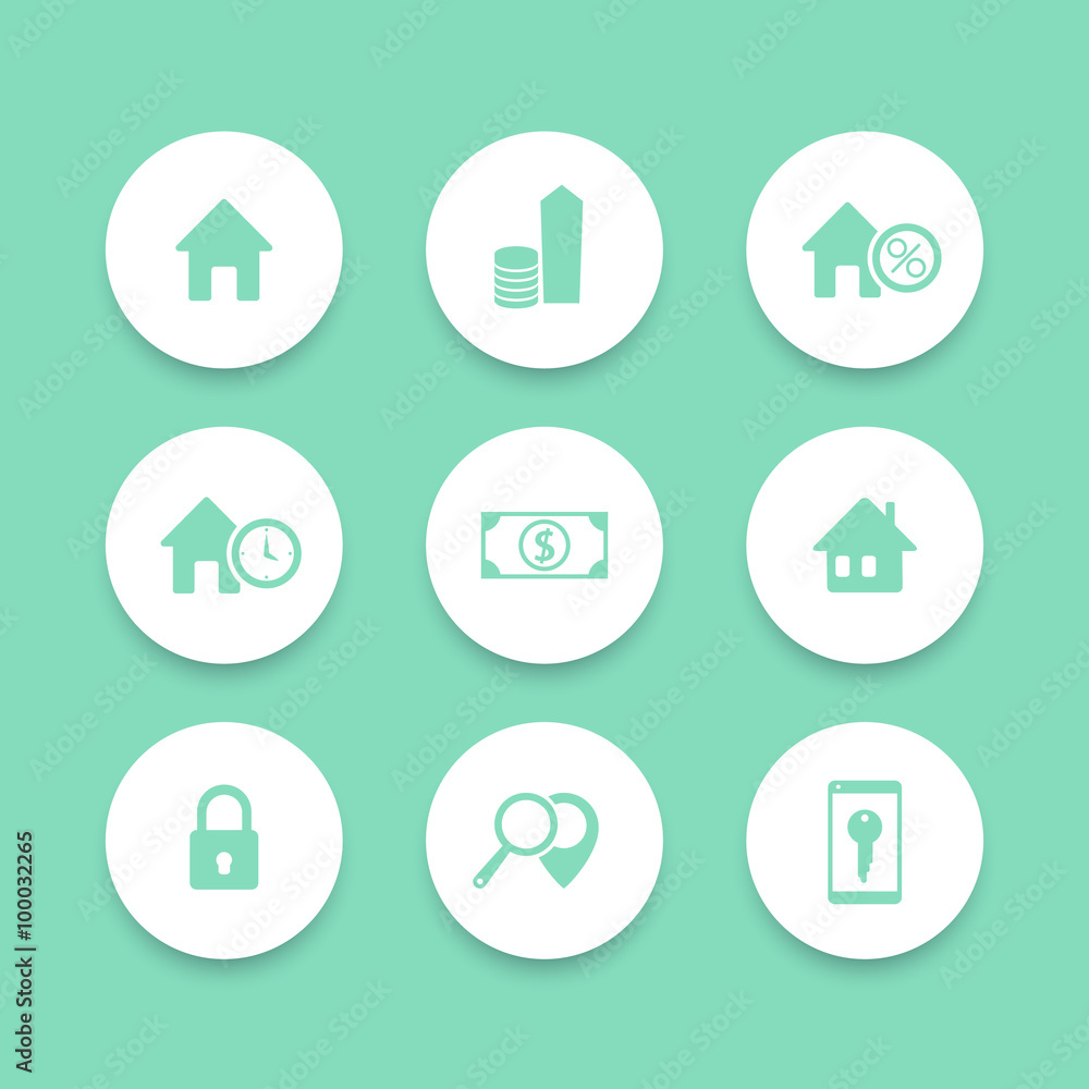 Real Estate, house sale, search, round icons set, vector illustration Real Estate, house sale, search, round icons set, vector illustration