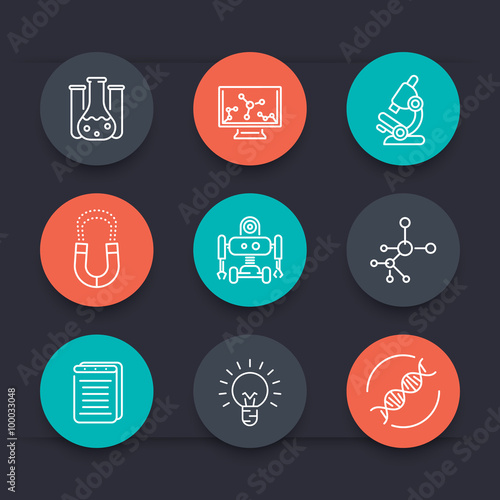 Science round line icons, laboratory, chemistry, physics, biology, research icon, vector illustration