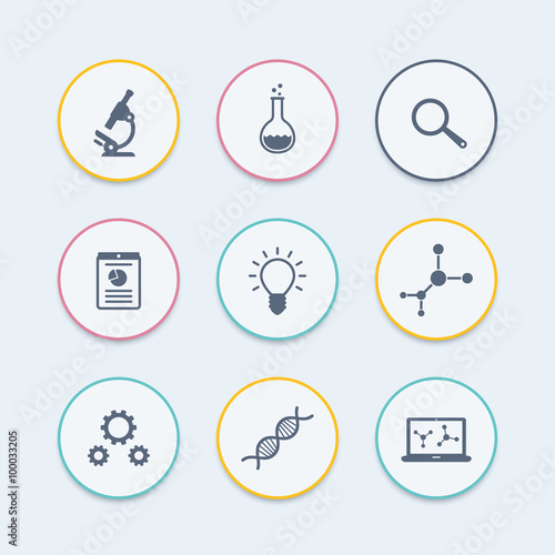 Science, research, laboratory, microscope round icons, vector illustration