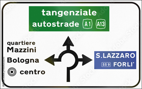 Road sign used in Italy - Roundabout with directions. Quartiere means district and tangenziale autostrada means ring motorway photo