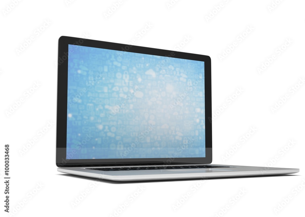 3d rendering of a laptop with blue wallpaper with app icon 3d rendering of a laptop with blue wallpaper with app icon