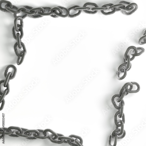 white background framed by a frame of steel chain