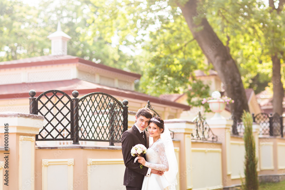 Young wedding couple walking together at park Young wedding couple walking together at park