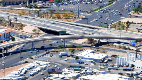 Static Timelapse of congested roads far beneath the Stratosphere Hotel.