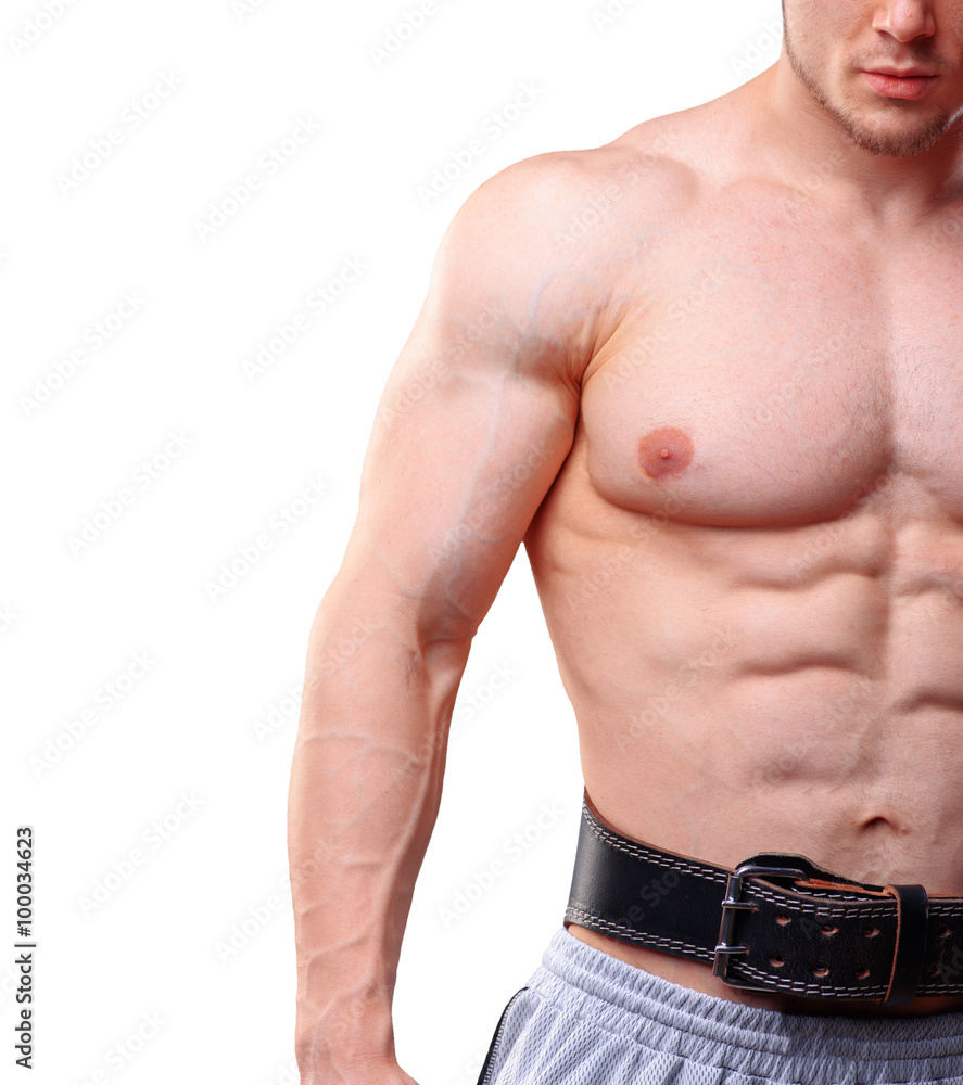  Close up shot of muscular man with lifting belt. Model over white isolated background