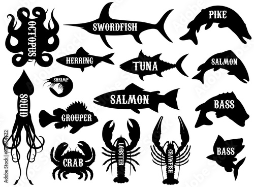 monochrome vector set of silhouettes of sea products