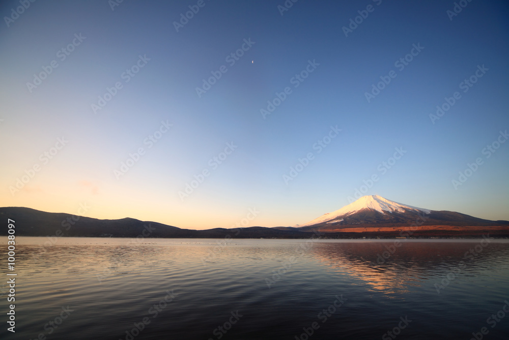 Mount Fuji and Lake Yamanaka before the daybreak.