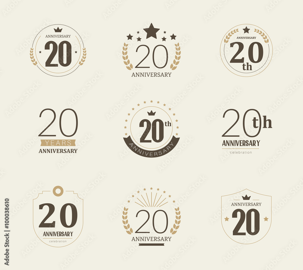 Twenty years anniversary celebration logotype. 20th anniversary logo set. - obrazy, fototapety, plakaty 