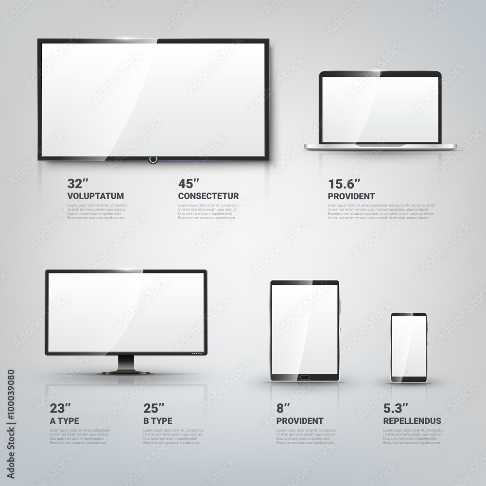 TV screen, Lcd monitor and notebook, tablet computer, mobile phone  templates. Electronic devices infographic. Technology digital device, size  diagonal display. Vector illustration vector de Stock | Adobe Stock