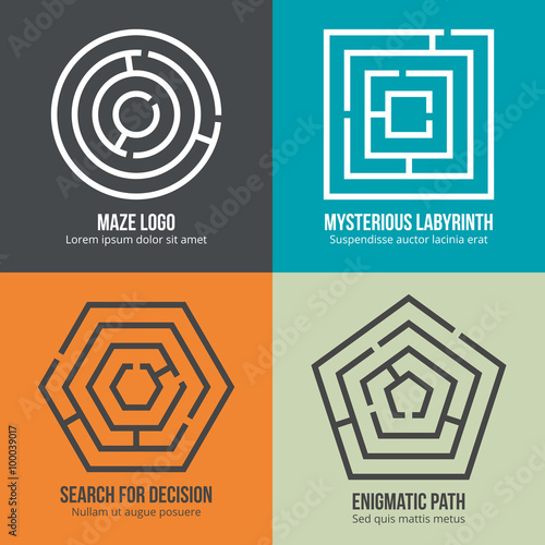 Labyrinth, maze shape logo design set. Rebus logic, game search mystery. Vector illustration