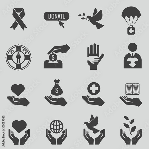 Charity and donation black icons set. Care and heart, love and donate hand, humanitarian support, vector illustration