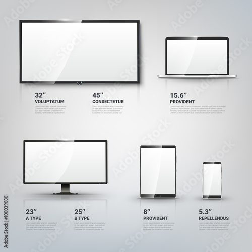 TV screen, Lcd monitor and notebook, tablet computer, mobile phone templates. Electronic devices infographic. Technology digital device, size diagonal display. Vector illustration