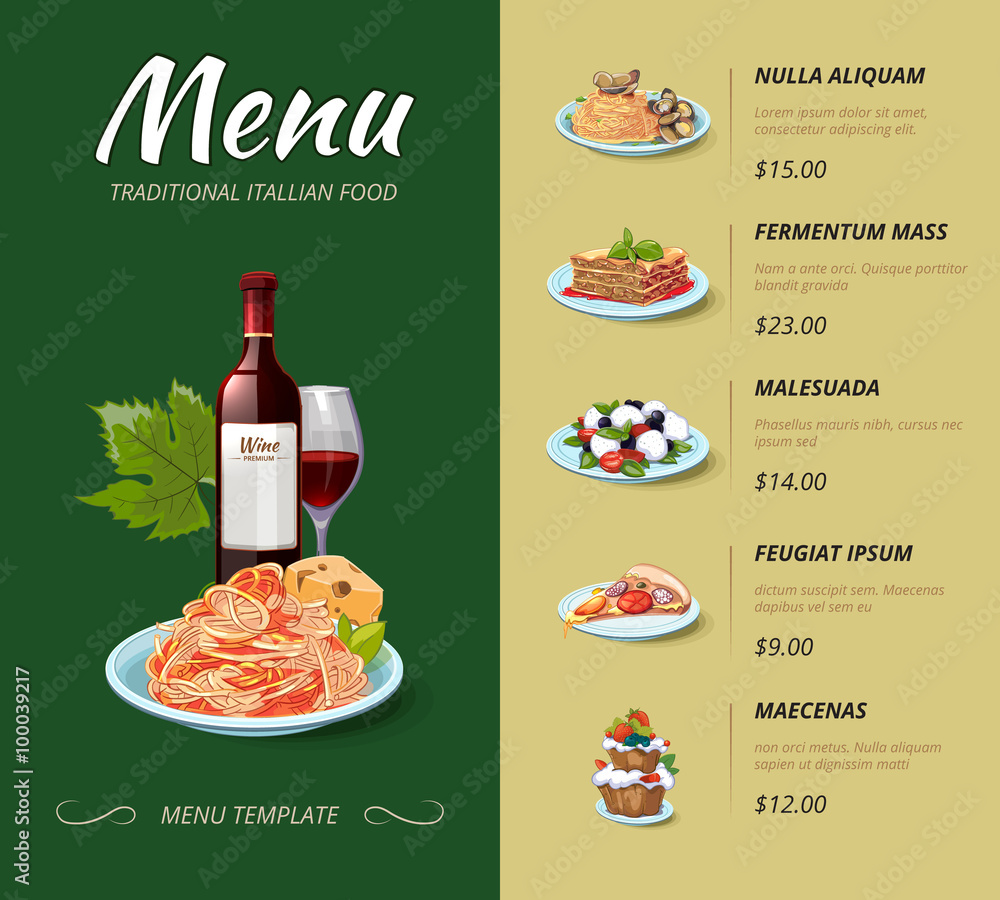 Italian cuisine restaurant menu. Food dinner, cooking lunch, pasta spaghetti,  italy cheese illustration. Vector design template Stock Vector | Adobe Stock