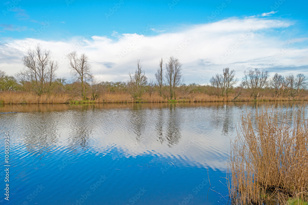 Reflection of clouds in a canal in winter