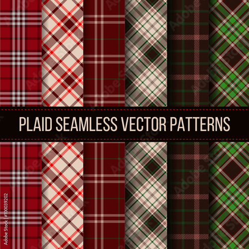 Lumberjack plaid, buffalo check, gingham seamless patterns set. Fashion textile cloth, plaid fabric, vector illustration