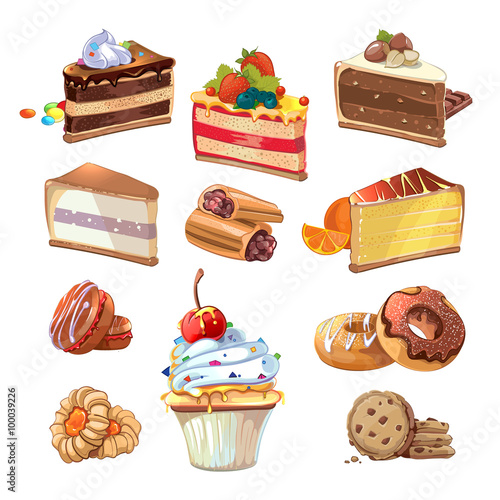 Pastry set in cartoon style. Food cake, sweet bakery, tasty snack with cream, vector illustration