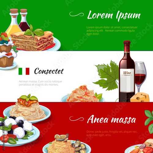 Italian food horizontal banners set. Cuisine and pasta, italy, nutrition cheese macaroni, culinary traditional culture, vector illustration