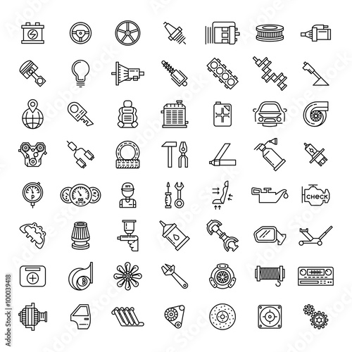 Car parts line icons set. Auto service repair symbol, gear engine, spanner and filter, vector illustration