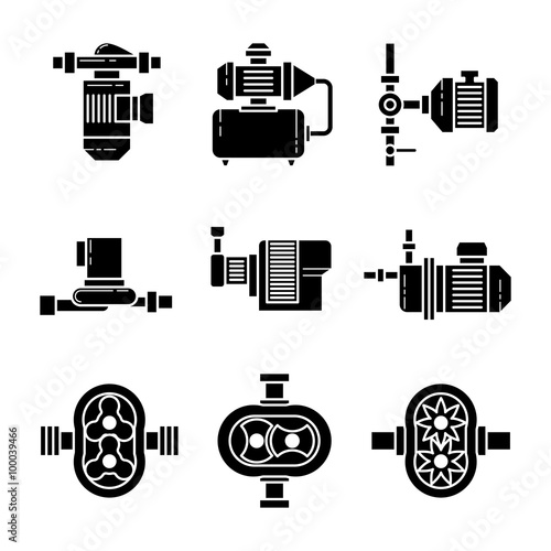 Water pump black icons sets. Equipment for plumbing, pipe and pressure, vector illustration