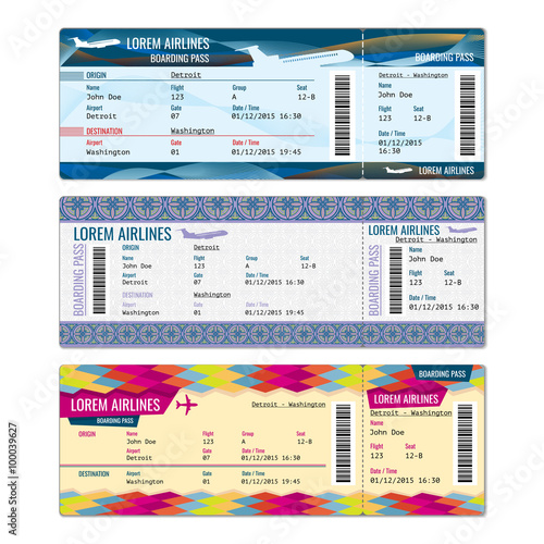 Airplane vector tickets set for plane, flight airline, pass boarding illustration