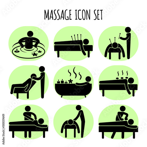Massage vector black icons set. Spa relaxation health, medical therapy in bath herbal illustration