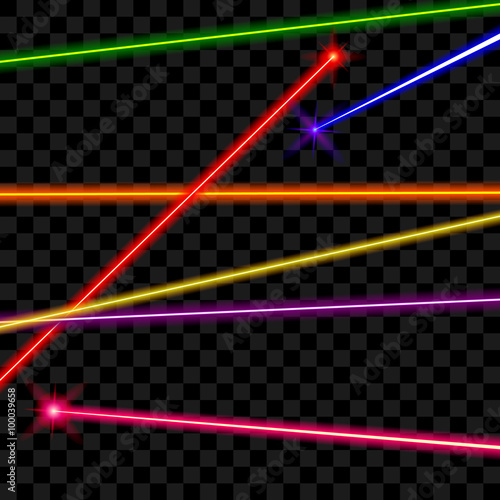 Vector laser beams on transparent plaid background. Ray energy, shiny line, bright color illustration