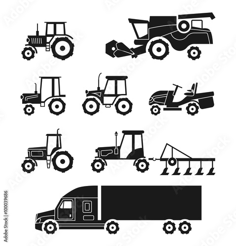 Tractors and combine harvesters icons set. Agricultural transport collection. Transportation machine lorry, cargo equipment. Vector illustration