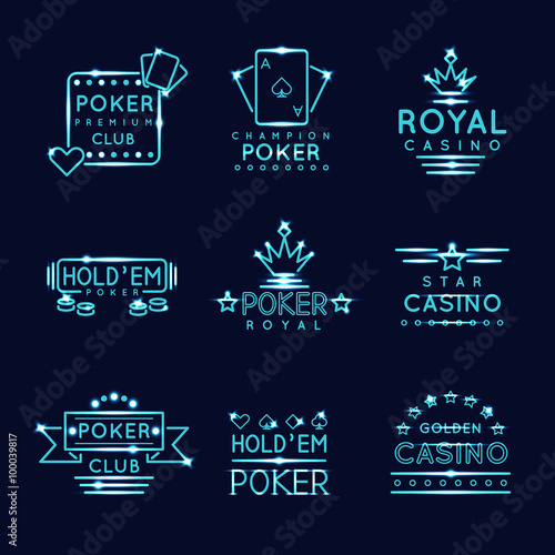 Vintage neon hipster poker club and casino signs. Royal gambling play, risk and chance, vector illustration
