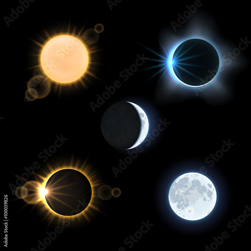 Sun and moon and suns and moons eclipse. Astronomy sky, vector illustration set