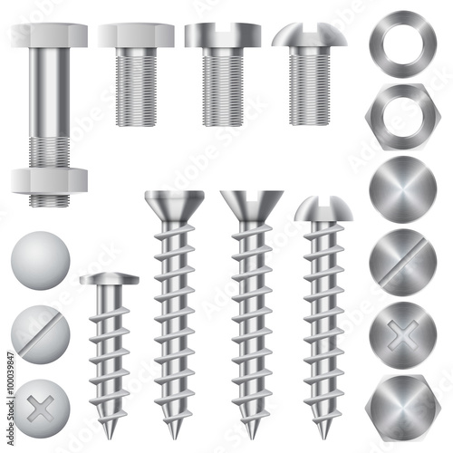 Construction hardware icons. Screws, bolts, nuts and rivets. Equipment stainless, metalli fix gear, vector illustration