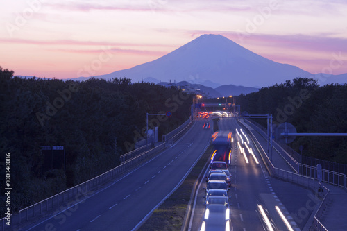 Mount Fuji and traffic at sunset.