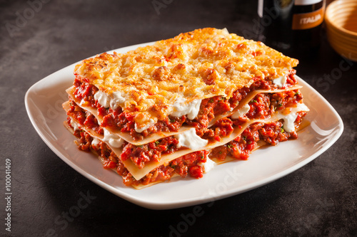 Tomato and ground beef lasagne with cheese