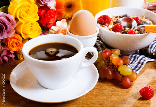 Morning coffee served with a healthy breakfast