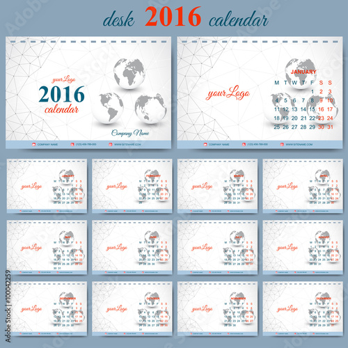 Vector template desk calendar 2016 years . Week starts monday. Graphic background molecule and communication. 