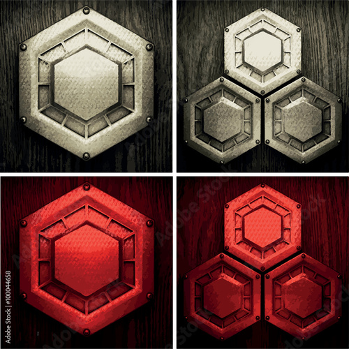 vector pollished metal on wooden background set