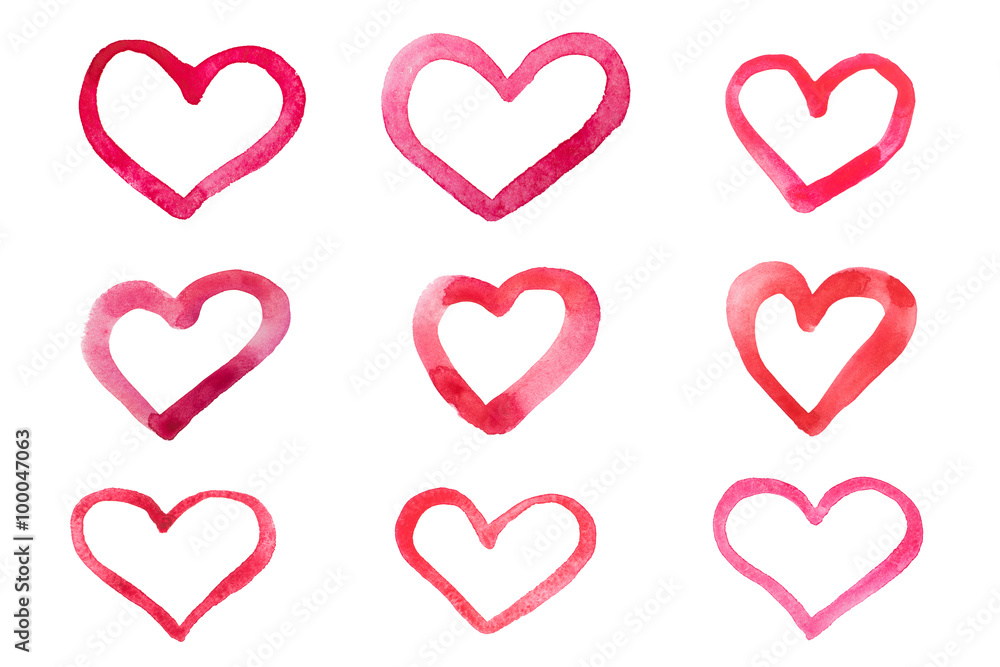 Set of watercolor hearts isolated on white background
