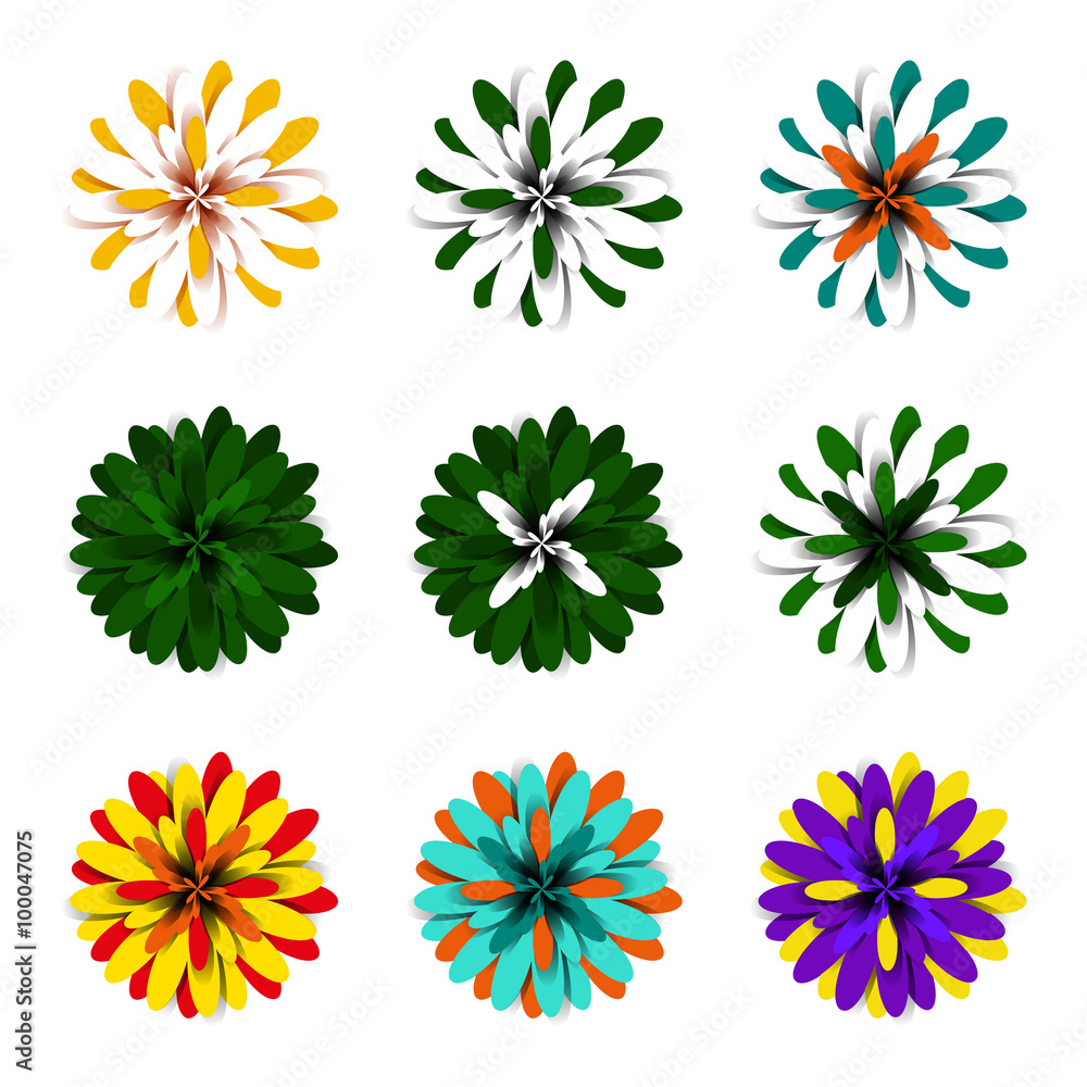 Bright fluffy volumetric floral elements with multicolored petals, pompons suited for flower and floral themes, web design. Objects made in shades of green, yellow, orange, red, blue and purple colors