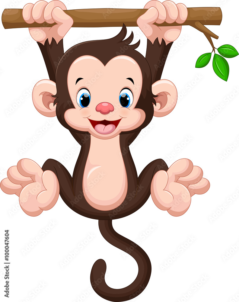 Naklejka premium Cute baby monkey hanging on tree