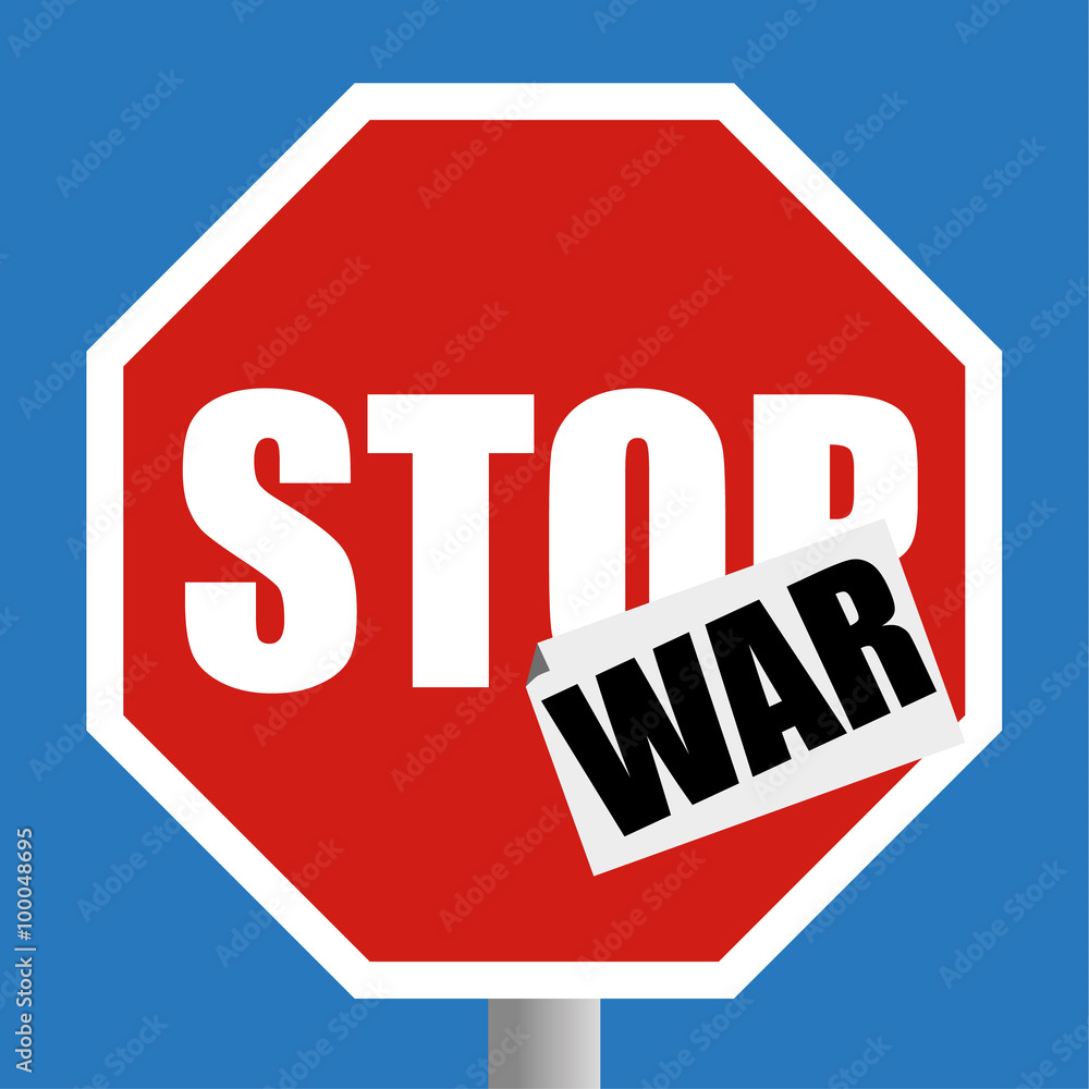 Conventional red and white road traffic Stop sign with a sticker of the word WAR added as an peace protest concept Conventional red and white road traffic Stop sign with a sticker of the word WAR added as an peace protest concept