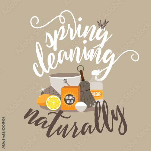 Spring Cleaning naturally with baking soda, vinegar and lemon flat design EPS 10 vector royalty free stock illustration
