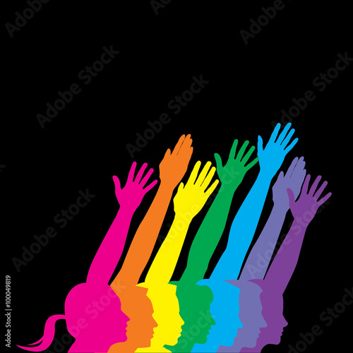 Seven people in profile with hands raised. With space for text